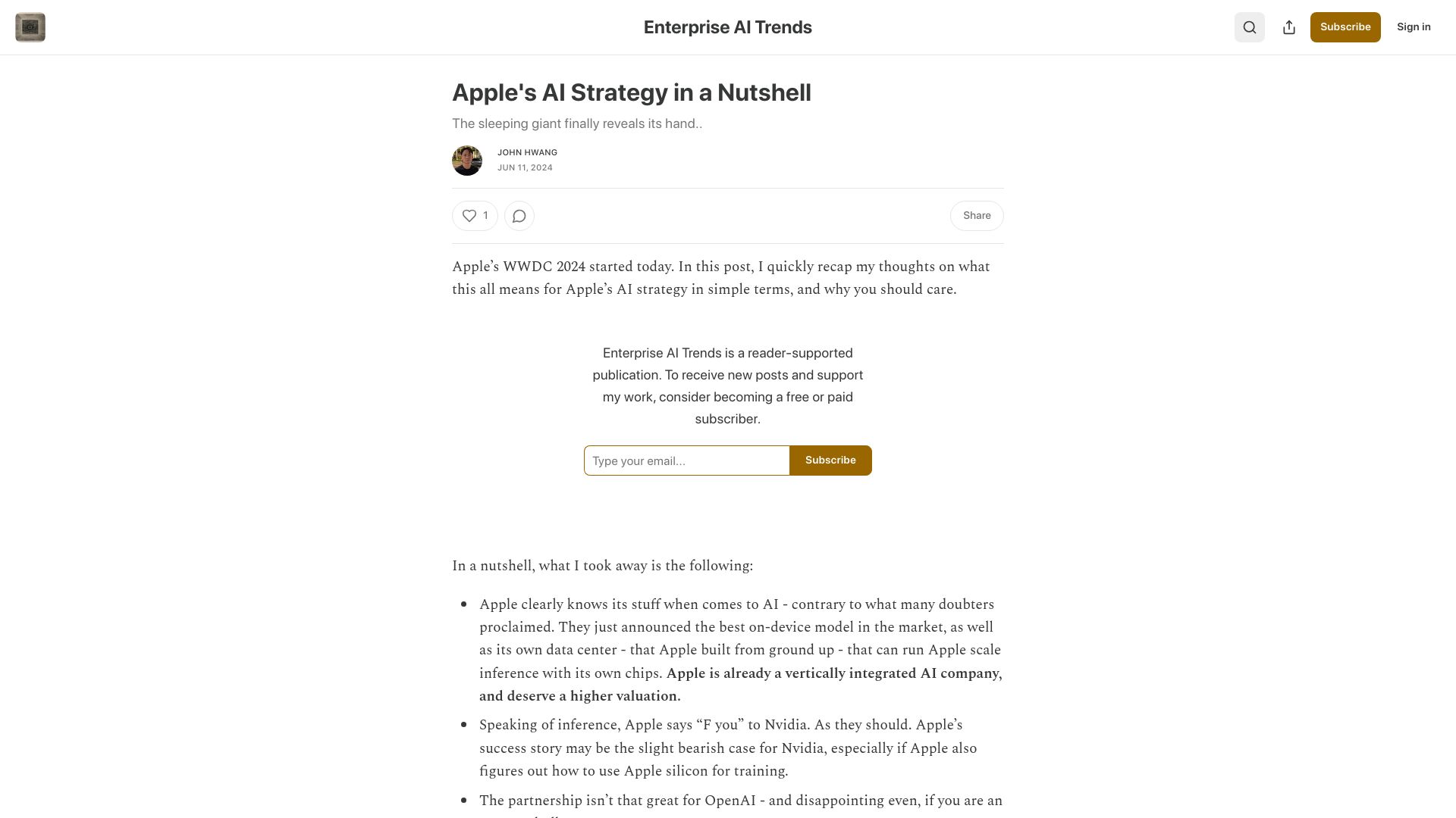 Screenshot of nextword.substack.com: Apple's AI Strategy in a Nutshell