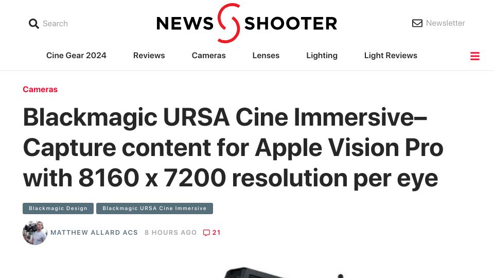 Screenshot of newsshooter.com: Blackmagic Cine Immersive Capture for Vision Pro 8160x7200 Resolution per Eye