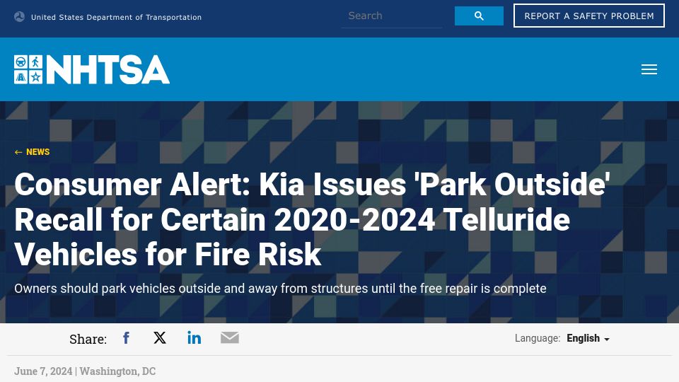 Screenshot of nhtsa.gov: Kia Issues 'Park Outside' Recall for 2020-2024 Telluride Vehicles for Fire Risk