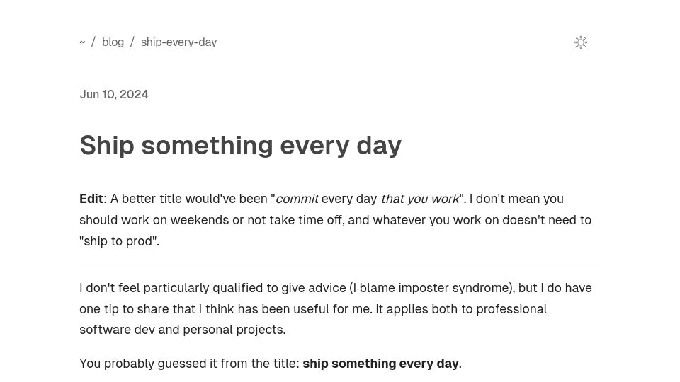 Screenshot of maxleiter.com: Ship Something Every Day