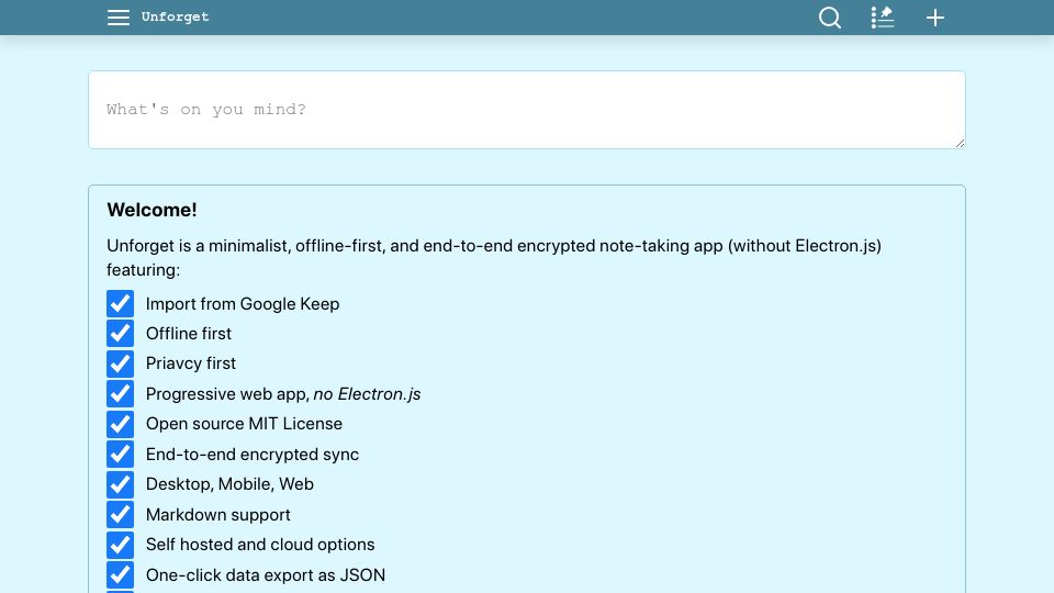 Screenshot of unforget.computing-den.com: Show HN: Unforget, the note-taking app I always wanted: offline first, encrypted