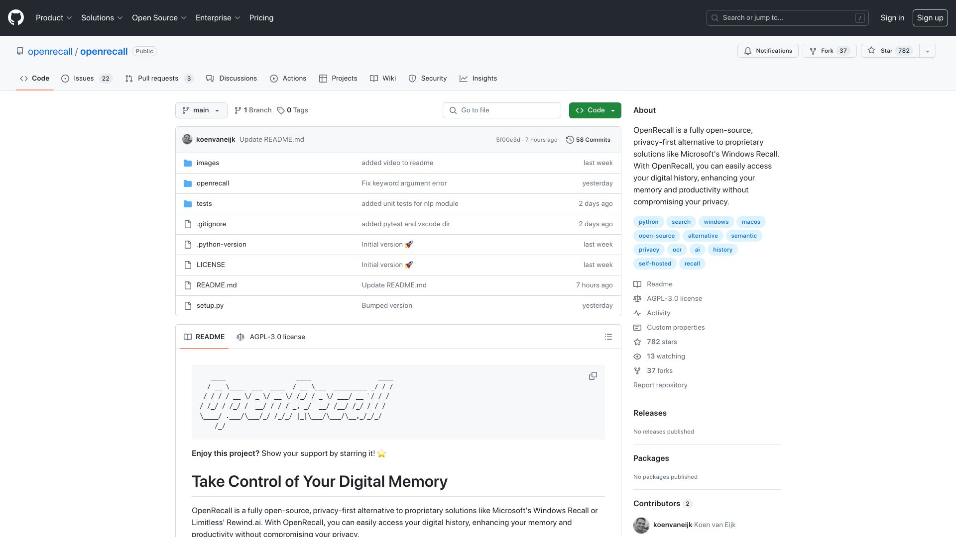 Screenshot of github.com: OpenRecall