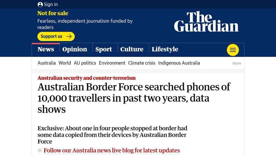 Screenshot of theguardian.com: Australian Border Force searched phones of 10k travellers in past two years