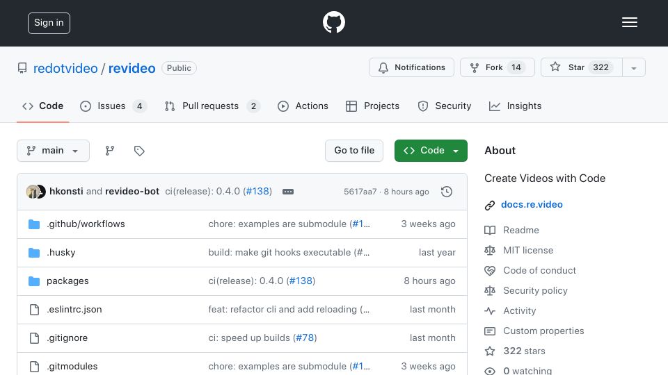 Screenshot of github.com: Show HN: Revideo – Create Videos with Code