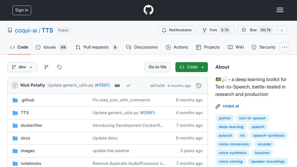 Screenshot of github.com: Coqui.ai TTS: A Deep Learning Toolkit for Text-to-Speech