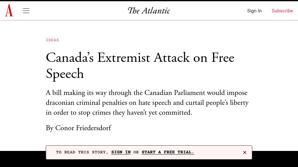 Screenshot of theatlantic.com: Canada's Extremist Attack on Free Speech