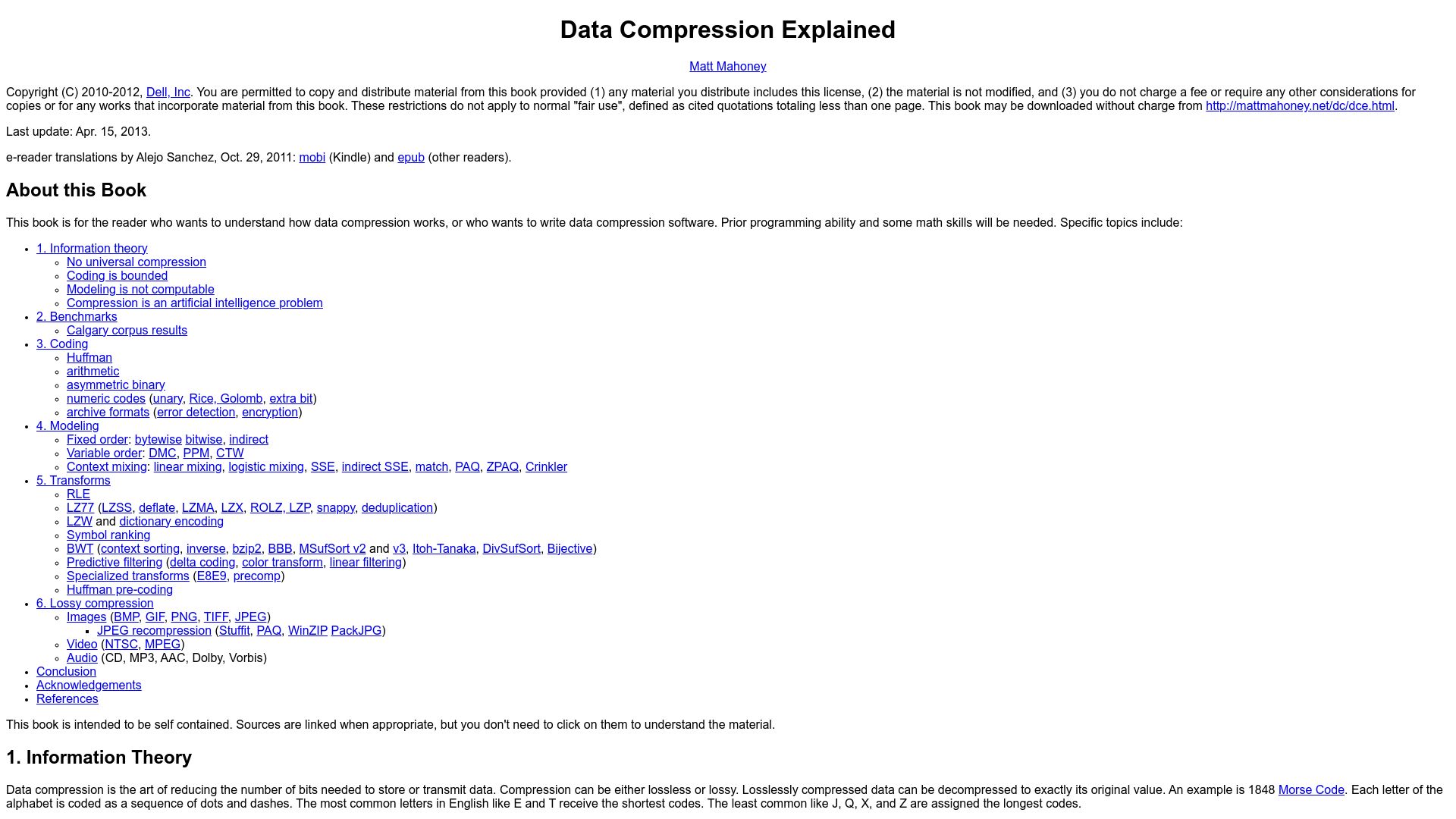 Screenshot of mattmahoney.net: Data Compression Explained (2011)