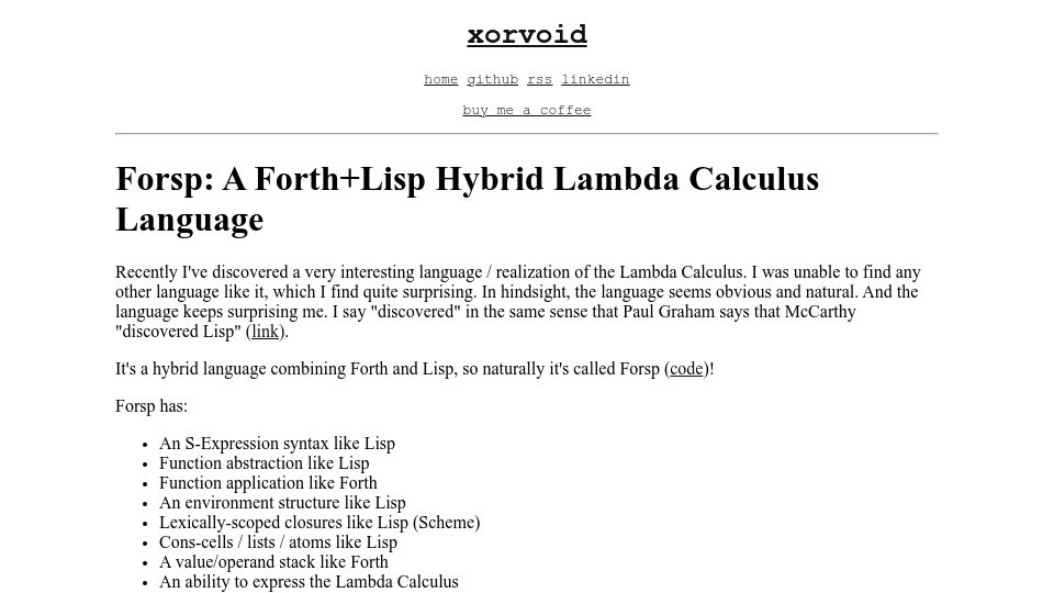 Screenshot of xorvoid.com: Forsp: A Forth+Lisp Hybrid Lambda Calculus Language