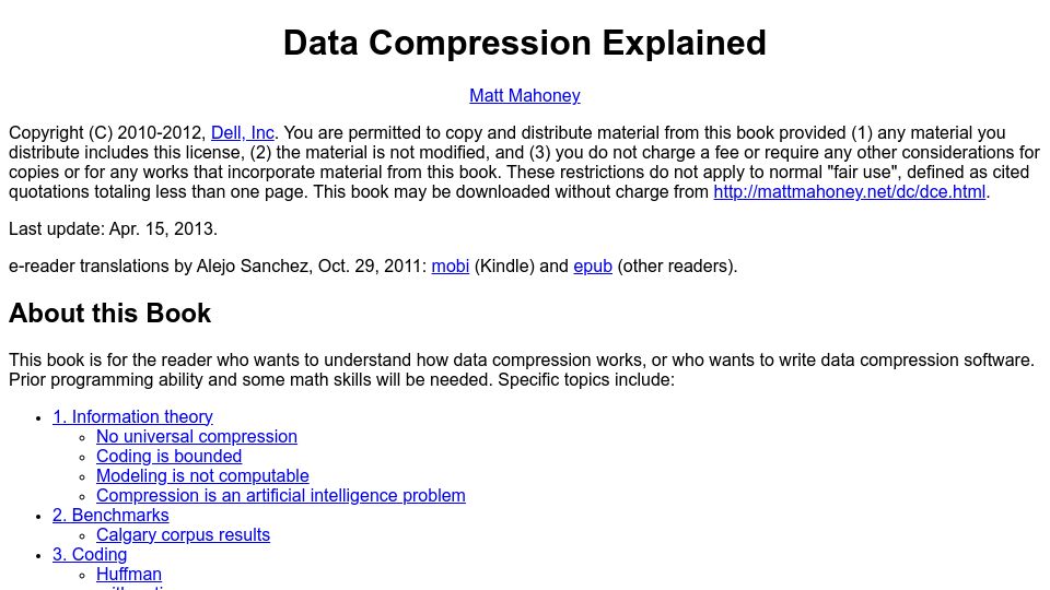 Screenshot of mattmahoney.net: Data Compression Explained (2011)