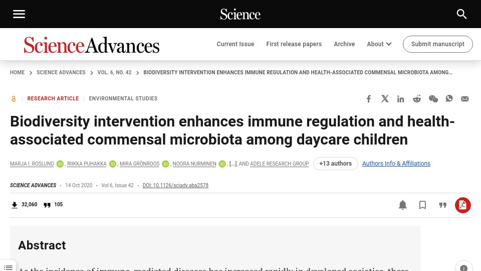 Screenshot of science.org: Biodiversity enhances immune regulation among daycare children (2020)