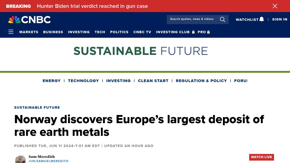 Screenshot of cnbc.com: Norway discovers Europe's largest deposit of rare earth metals