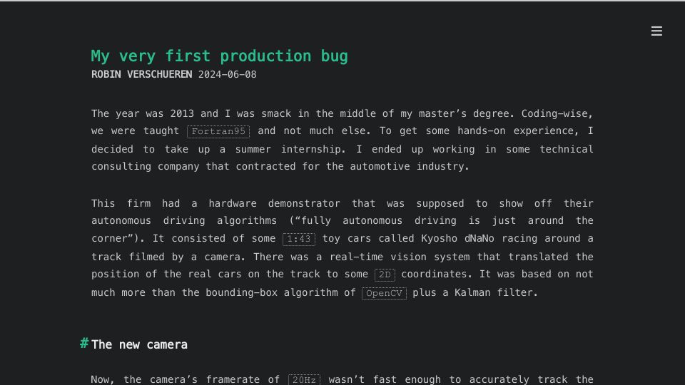 Screenshot of robinverschueren.com: My First Production Bug
