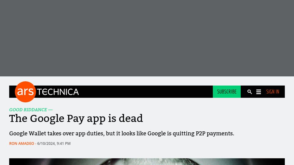 Screenshot of arstechnica.com: The Google Pay app is dead