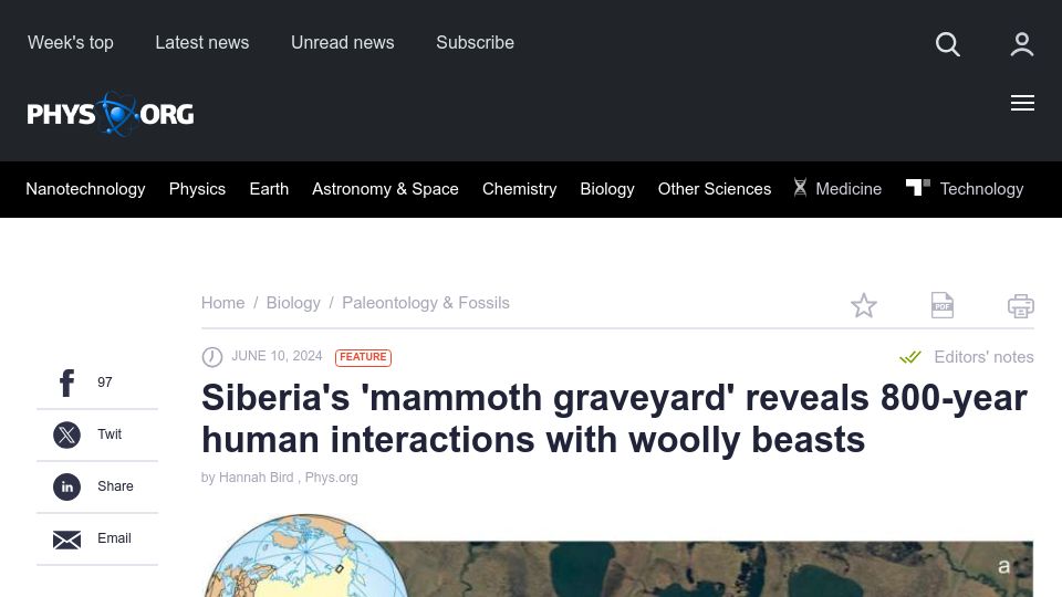 Screenshot of phys.org: Siberia's 'mammoth graveyard' reveals 800-year human interactions with mammoths
