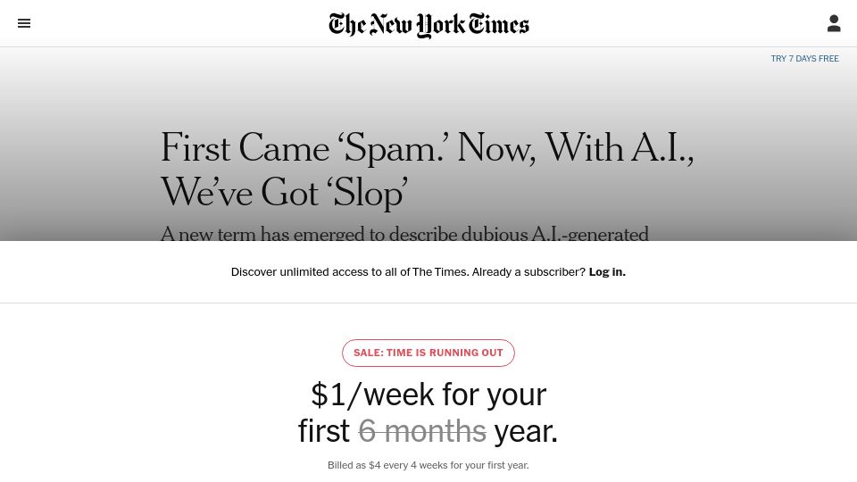 Screenshot of nytimes.com: A new term, ‘slop’, has emerged to describe dubious A.I.-generated material