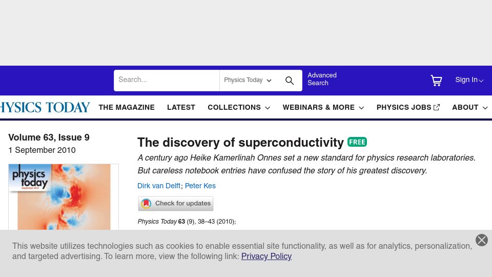 Screenshot of pubs.aip.org: The Discovery of Superconductivity (2010)