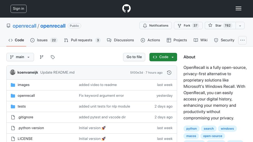 Screenshot of github.com: OpenRecall