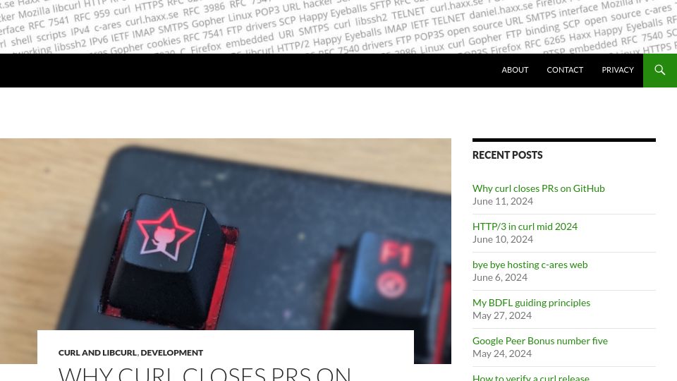 Screenshot of daniel.haxx.se: Why curl closes PRs on GitHub