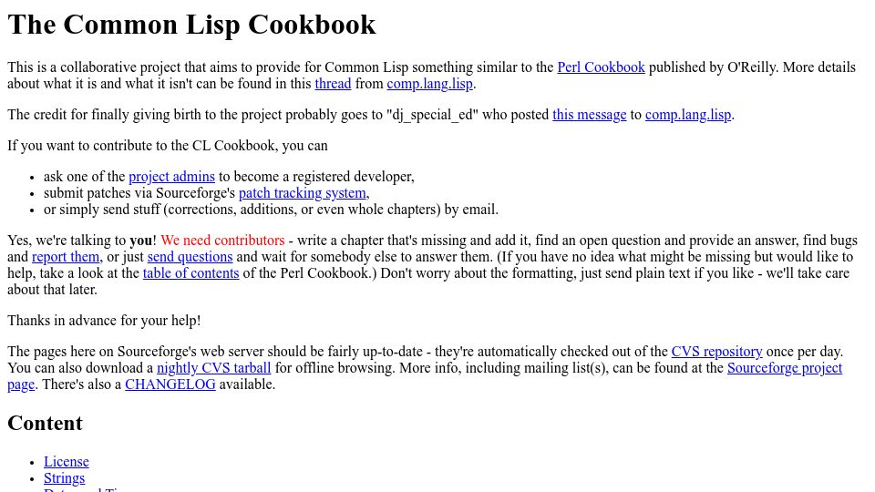 Screenshot of cl-cookbook.sourceforge.net: The Common Lisp Cookbook (2007)