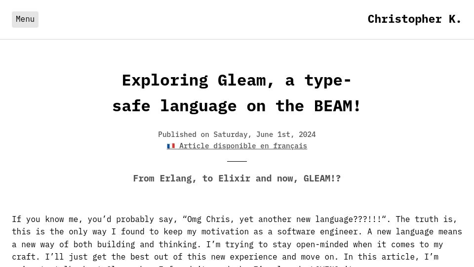 Screenshot of christopher.engineering: Exploring Gleam, a type-safe language on the BEAM