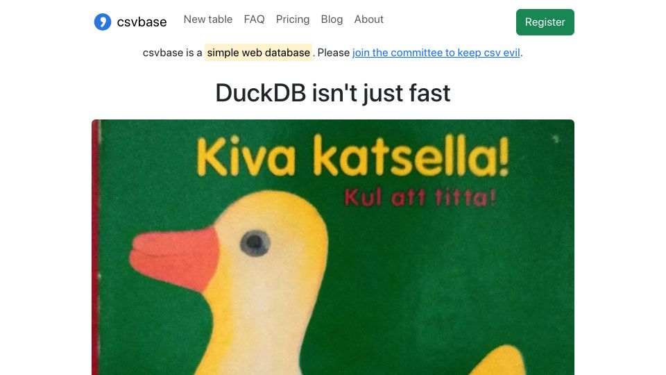 Screenshot of csvbase.com: DuckDB Isn't Just Fast