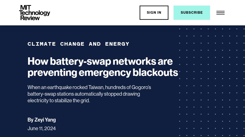 Screenshot of technologyreview.com: Battery-swap networks are preventing emergency blackouts