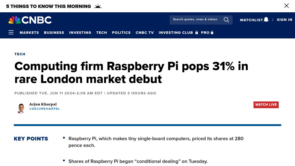 Screenshot of cnbc.com: Computing firm Raspberry Pi pops 31% in rare London market debut
