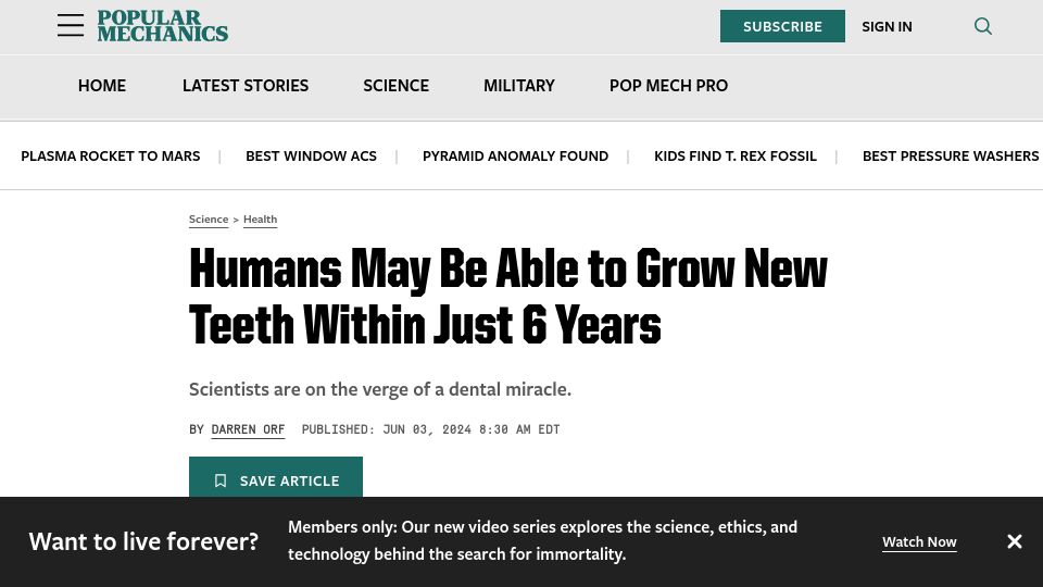Screenshot of popularmechanics.com: Humans May Be Able to Grow New Teeth Within Just 6 Years