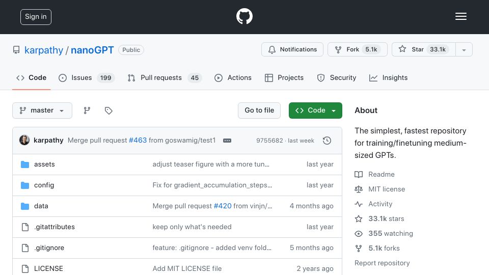Screenshot of github.com: NanoGPT: The simplest, fastest repository for training medium-sized GPTs