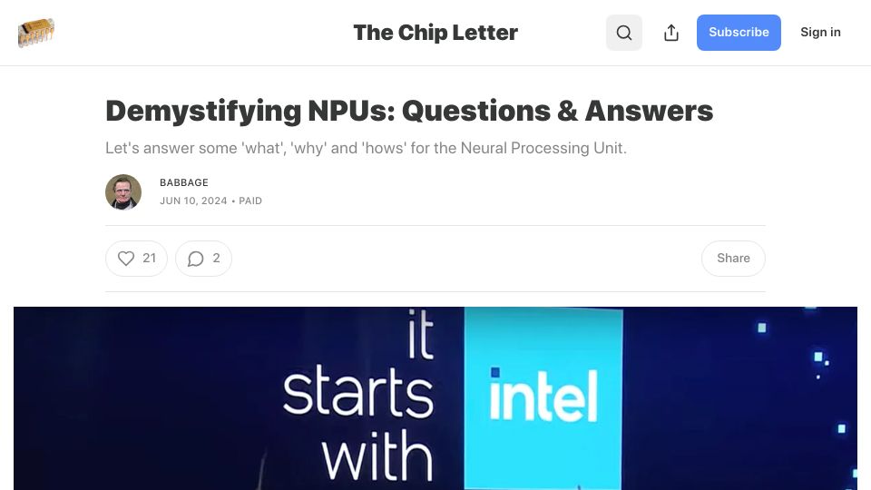 Screenshot of thechipletter.substack.com: Demystifying NPUs: Questions and Answers