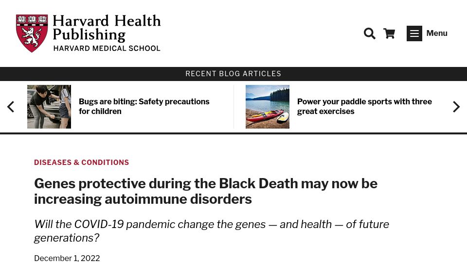 Screenshot of health.harvard.edu: Genes protective during Black Death may now be increasing autoimmune disorders (2022)