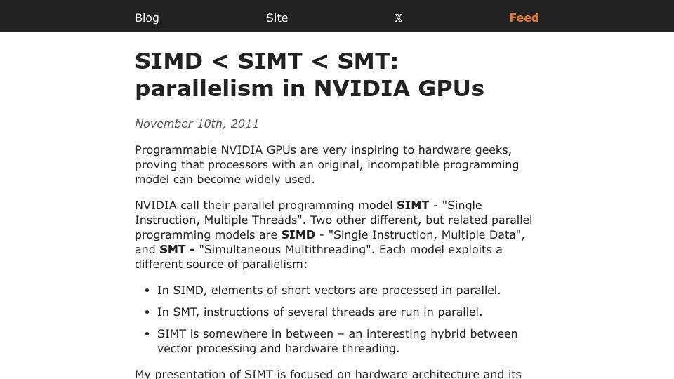 Screenshot of yosefk.com: SIMD < SIMT < SMT: Parallelism in Nvidia GPUs (2011)