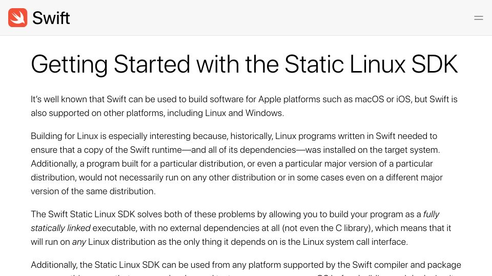 Screenshot of swift.org: Swift Static Linux SDK