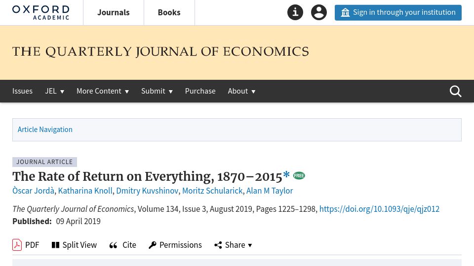 Screenshot of academic.oup.com: The Rate of Return on Everything, 1870–2015 (2019)