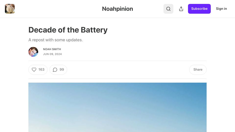 Screenshot of noahpinion.blog: Decade of the Battery
