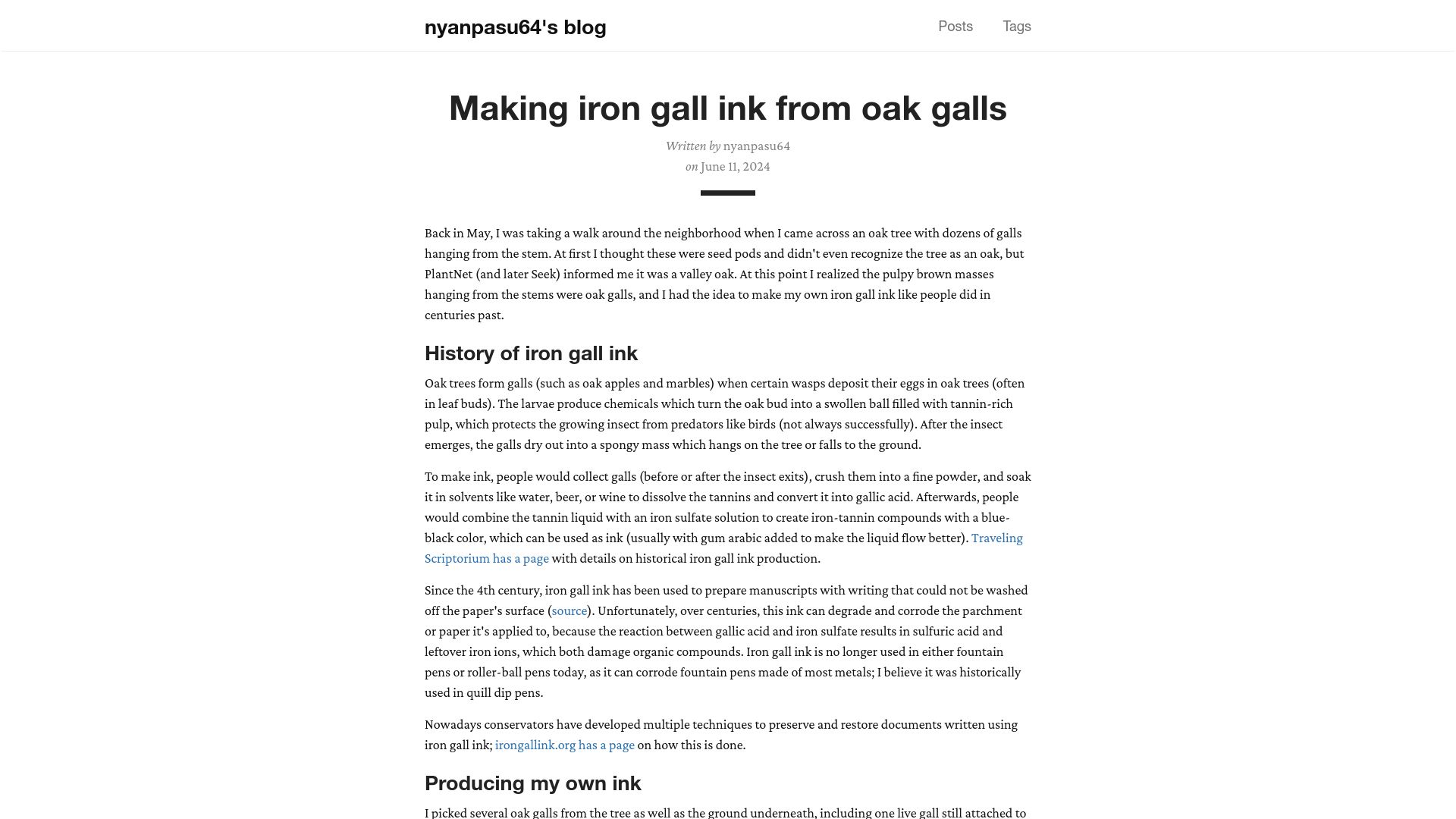 Screenshot of nyanpasu64.gitlab.io: Making iron gall ink from oak galls