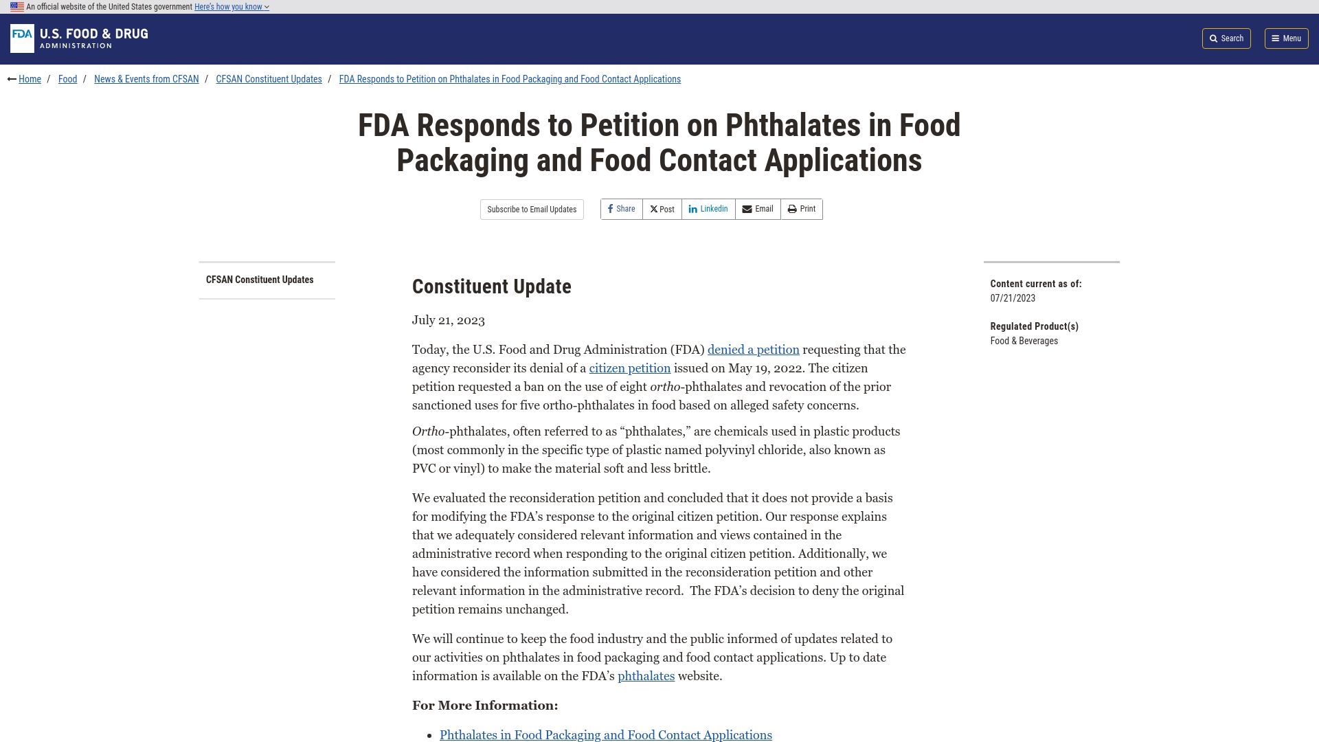 Screenshot of fda.gov: FDA denies petition against use of phthalates in food packaging