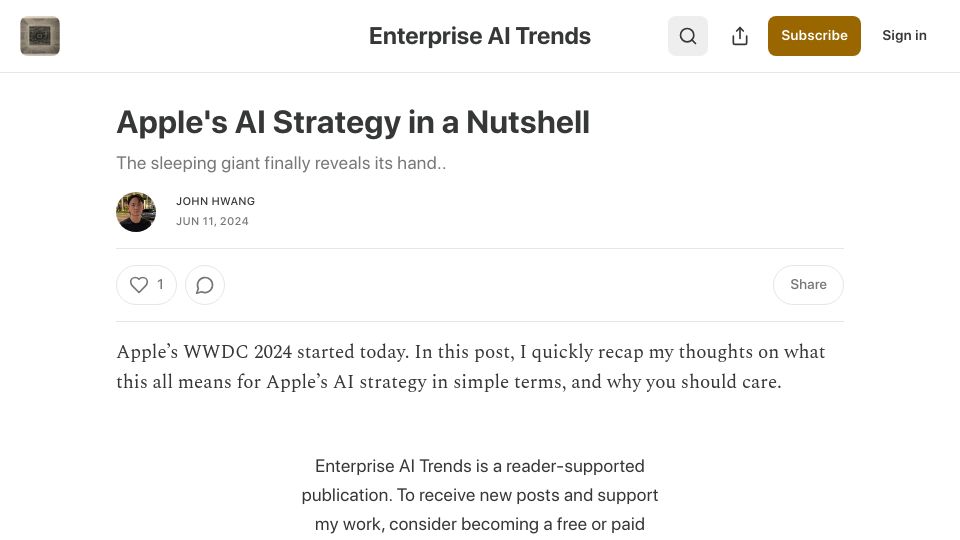 Screenshot of nextword.substack.com: Apple's AI Strategy in a Nutshell