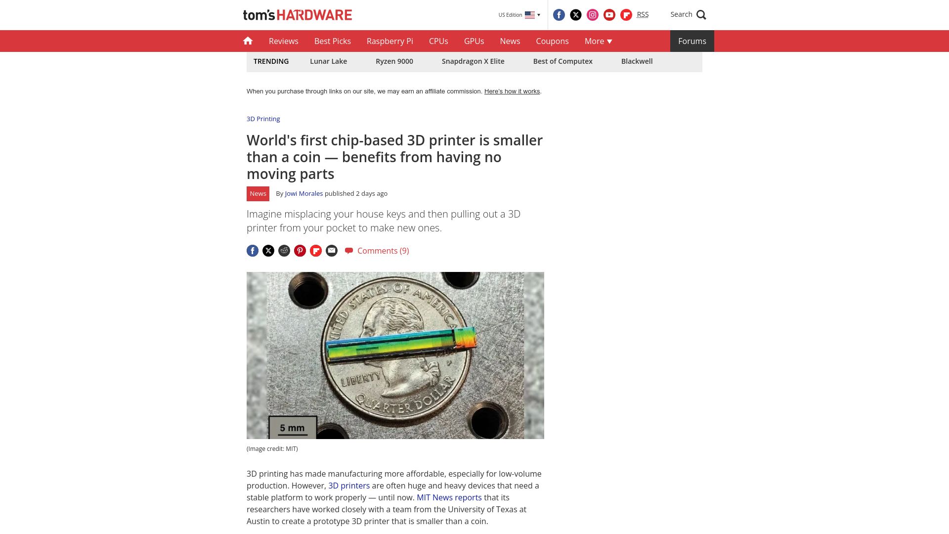 Screenshot of tomshardware.com: First chip-based 3D printer is smaller than a coin with no moving parts