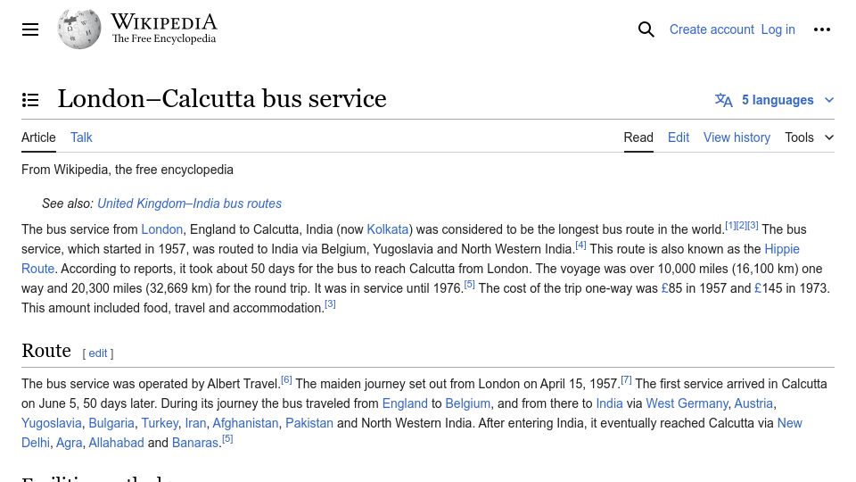 Screenshot of en.wikipedia.org: London–Calcutta Bus Service