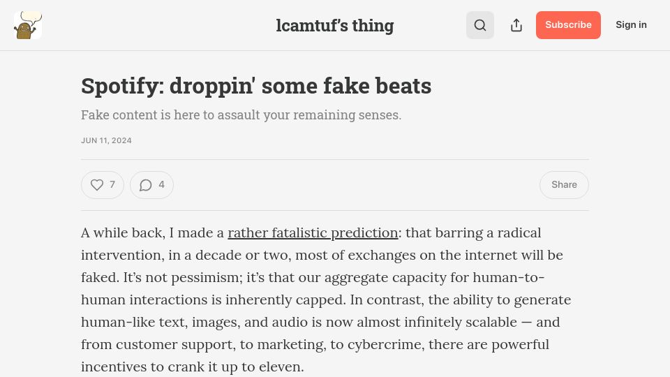 Screenshot of lcamtuf.substack.com: Spotify: Droppin' Some Fake Beats