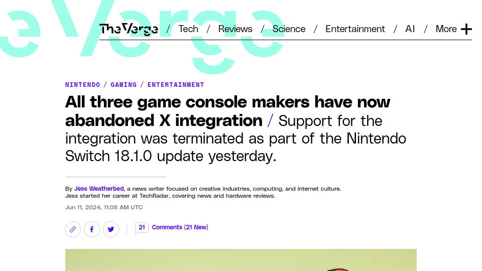 Screenshot of theverge.com: All three game console makers have now abandoned X integration
