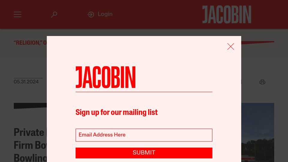 Screenshot of jacobin.com: Private Equity–Backed Firm Bowlero Is Ruining Bowling