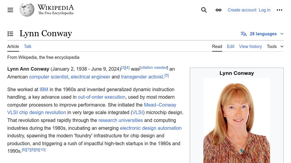 Screenshot of en.wikipedia.org: Lynn Conway has died