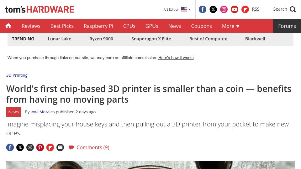 Screenshot of tomshardware.com: First chip-based 3D printer is smaller than a coin with no moving parts