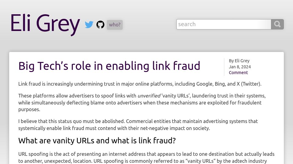 Screenshot of eligrey.com: Big Tech's role in enabling link fraud – take 2