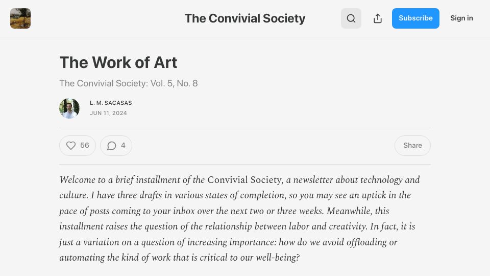 Screenshot of theconvivialsociety.substack.com: The Work of Art