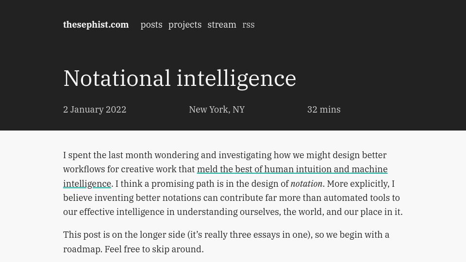 Screenshot of thesephist.com: Notational Intelligence (2022)