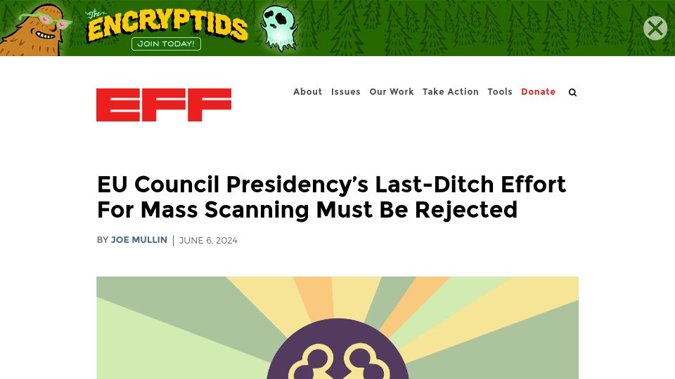 Screenshot of eff.org: EU Council Presidency's Last-Ditch Effort for Mass Scanning Must Be Rejected