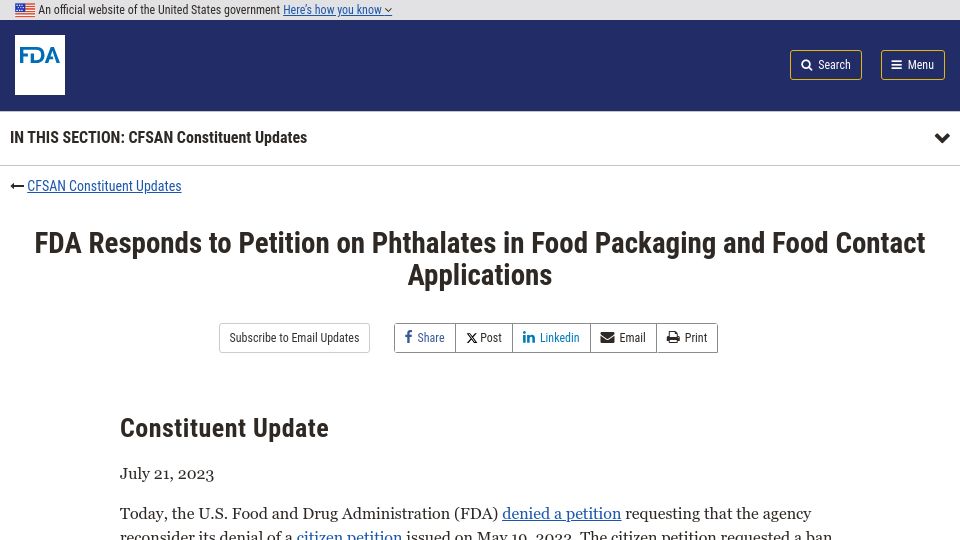 Screenshot of fda.gov: FDA denies petition against use of phthalates in food packaging